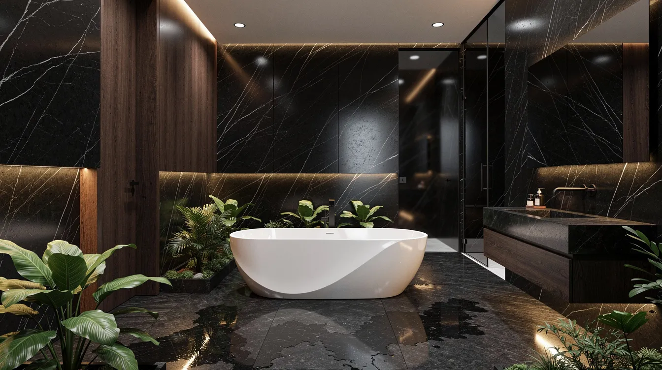 Salle de bain marbre noir et bois : 6 idées élégantes