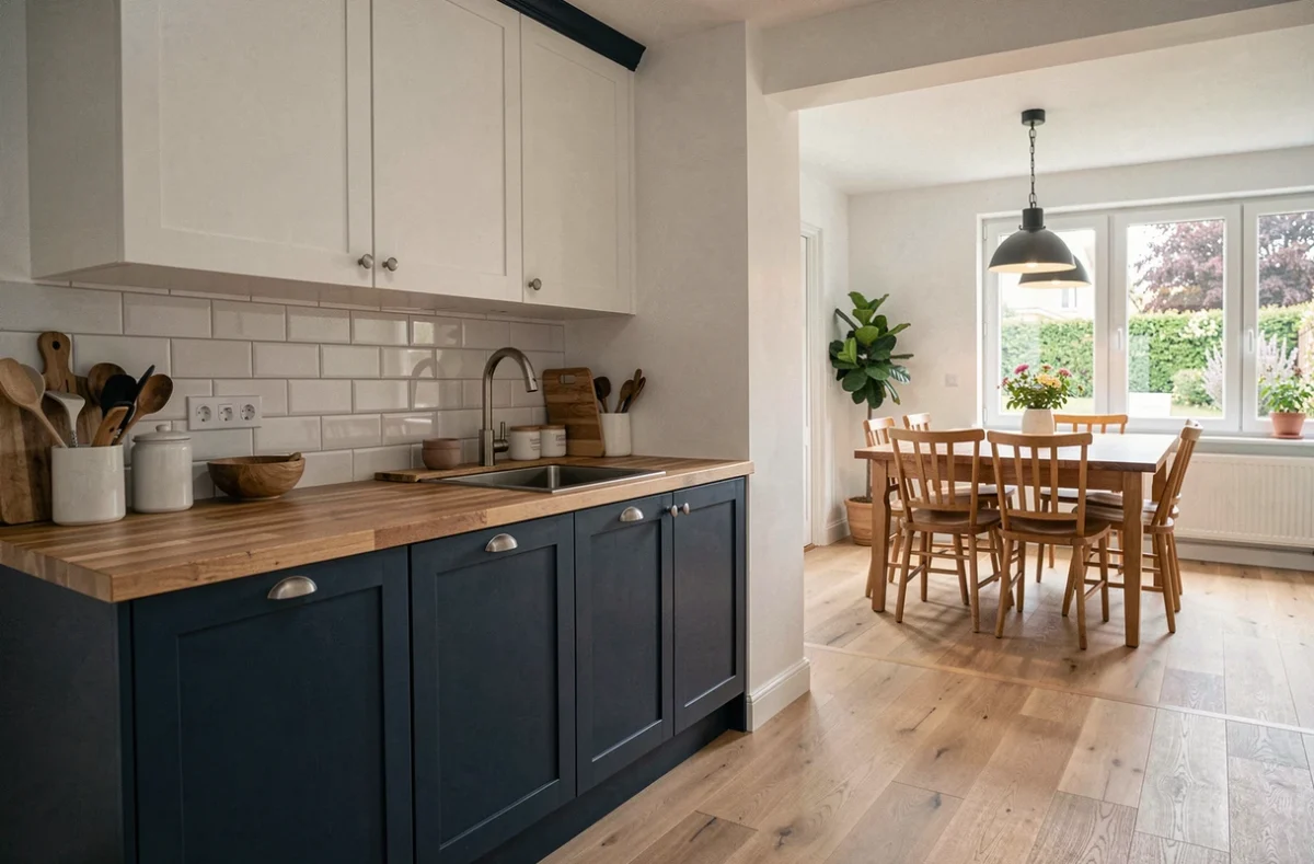 Cuisine ACADIA bicolore bleu marine et blanc mat avec plan de travail en bois dans une maison du Val-de-Marne