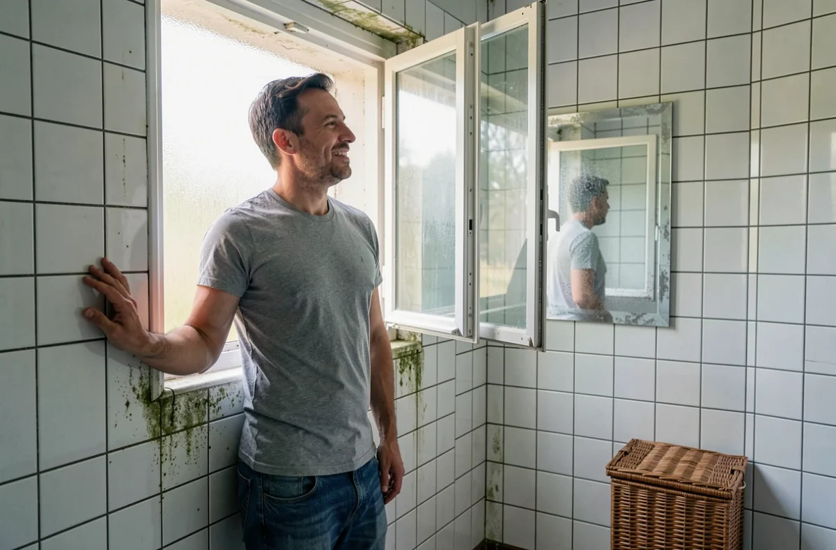 Homme aérant une salle de bain humide pour réduire les moisissures et les odeurs d'humidité