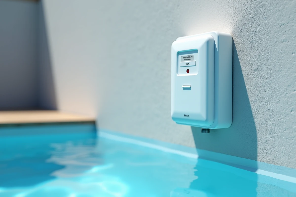 Gros plan sur un dispositif d'alarme de piscine homologué fixé sur un mur extérieur avec indicateur LED
