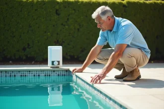 Homme inspectant une alarme de piscine murale conforme à la norme NF P90-307 au bord d'une piscine résidentielle