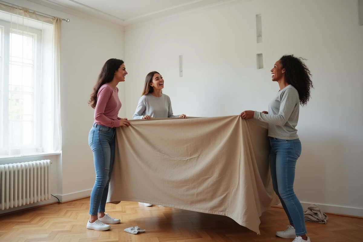 Groupe d'amis aidant à déménager un canapé dans un appartement vidé