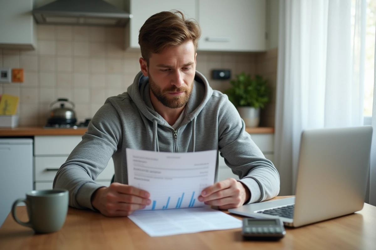 Homme analysant sa facture d'électricité et sa consommation de chauffage électrique pour trouver des solutions économiques