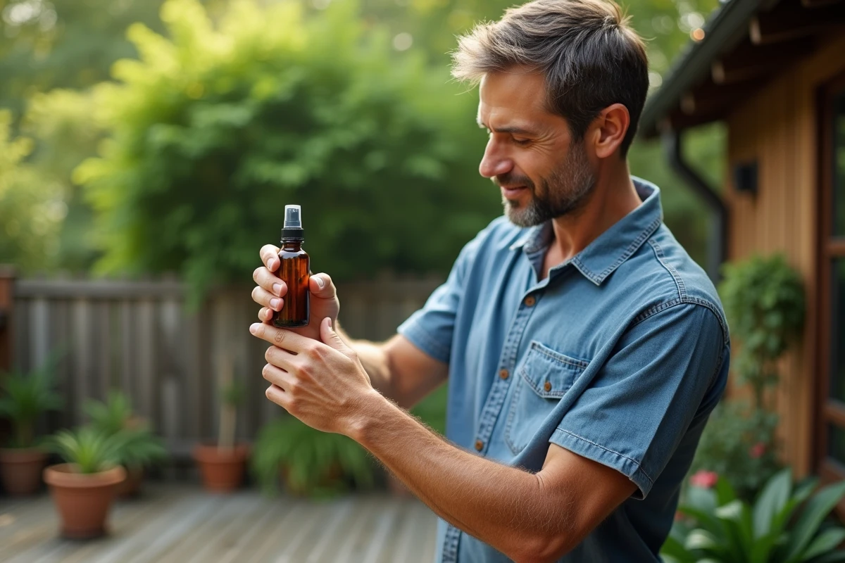 Homme appliquant un spray insectifuge fait maison aux huiles essentielles sur son bras dans un jardin verdoyant en été