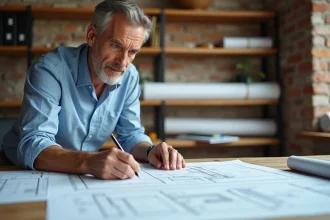 Architecte examinant un permis d'aménager sur son bureau dans un studio professionnel