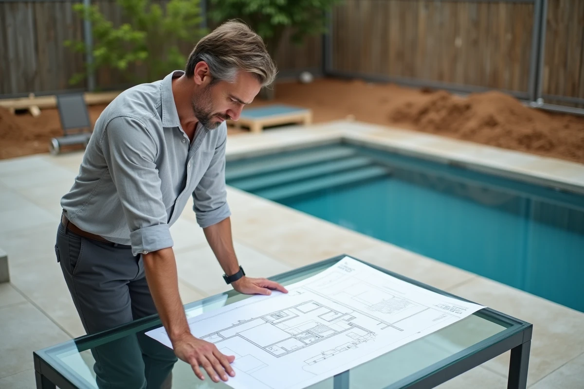 Architecte de piscine étudiant un plan de bassin de nage en longueur sur une terrasse avec chantier en arrière-plan