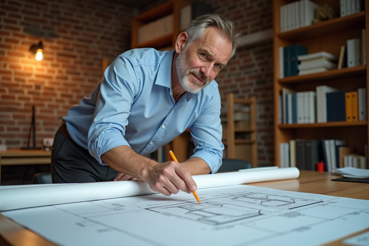 Architecte consultant des plans de toiture et un formulaire de permis de construire sur un bureau de travail