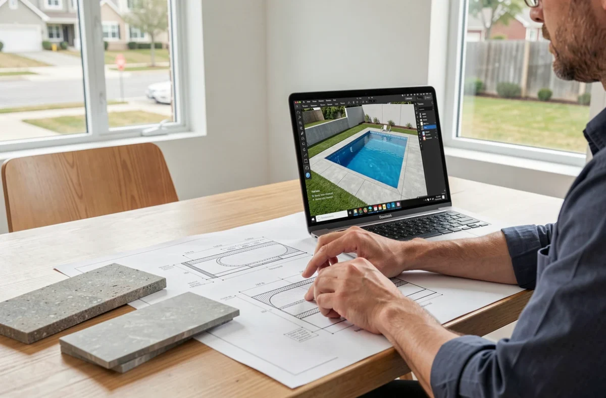Architecte ou concepteur de piscine étudiant des plans techniques et des échantillons de matériaux pour une piscine en béton