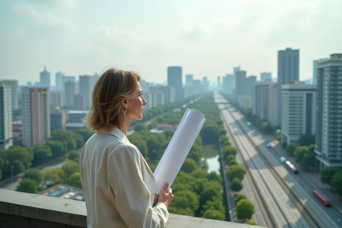 Architecte urbaine sur un toit avec vue panoramique sur une ville durable dotée de corridors verts et de pistes cyclables