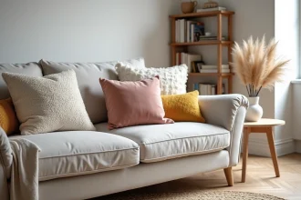 Canapé gris clair avec un arrangement décoratif de coussins en velours, bouclé et tricot dans un salon scandinave moderne