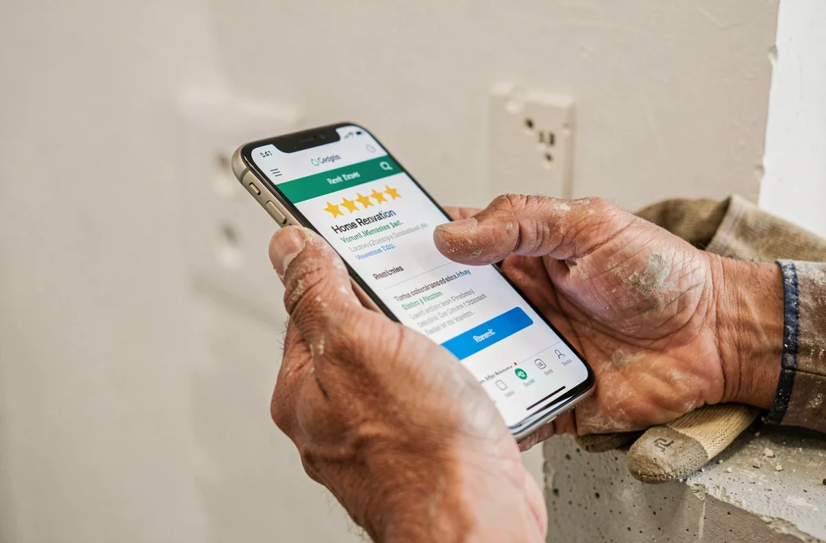 Mains d'artisan tenant un smartphone affichant des avis clients sur un site de rénovation