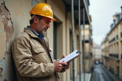 Artisan du bâtiment sur un échafaudage inspectant une façade dégradée avant un ravalement