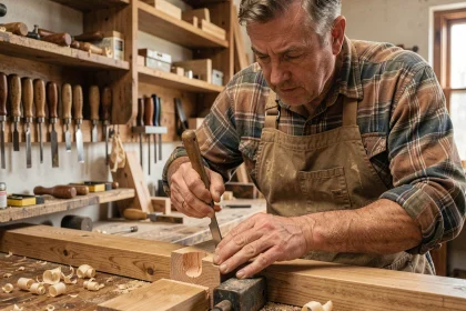 Artisan menuisier creusant une mortaise dans une planche de chêne avec un ciseau à bois, dans un atelier traditionnel