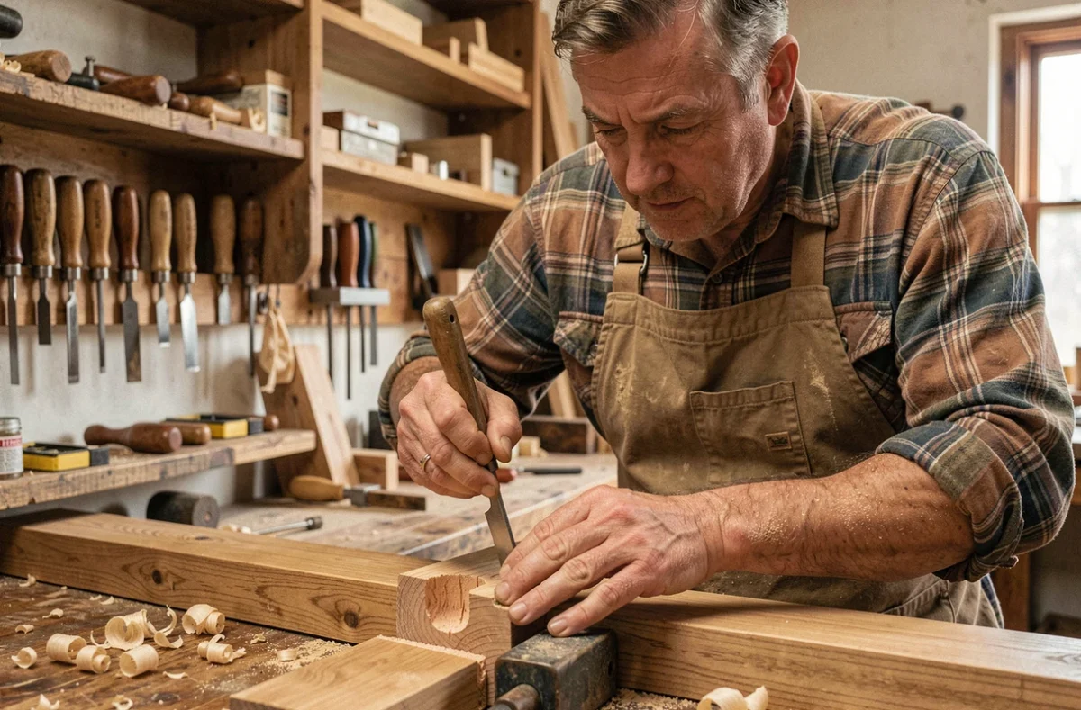 Artisan menuisier creusant une mortaise dans une planche de chêne avec un ciseau à bois, dans un atelier traditionnel