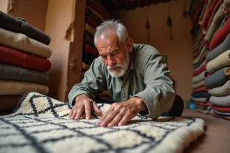 Artisan marocain examinant l'envers d'un tapis Beni Ourain authentique dans un atelier traditionnel