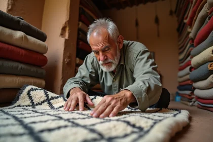 Artisan marocain examinant l'envers d'un tapis Beni Ourain authentique dans un atelier traditionnel