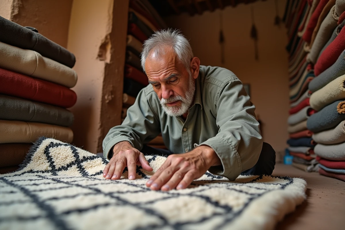 Artisan marocain examinant l'envers d'un tapis Beni Ourain authentique dans un atelier traditionnel