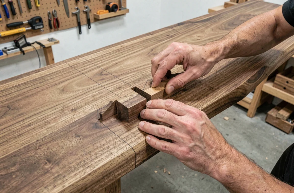 Assemblage tenon mortaise en noyer tenu à la main sur un établi, vue de dessus montrant la précision de l'emboîtement