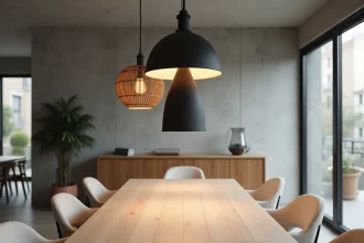 Trois suspensions dépareillées associées au-dessus d'une table à manger en bois dans un intérieur scandinave moderne