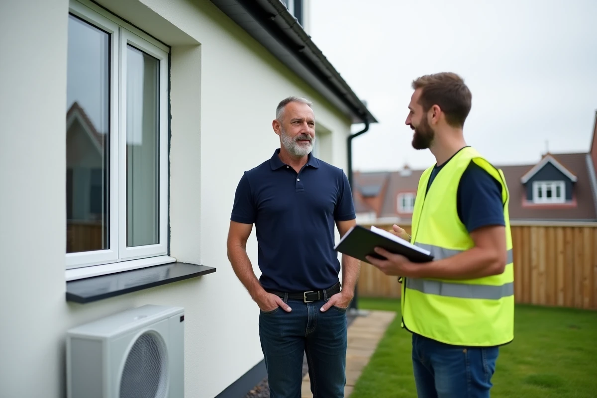 Propriétaire discutant avec un auditeur énergétique devant sa maison pour la prime CEE