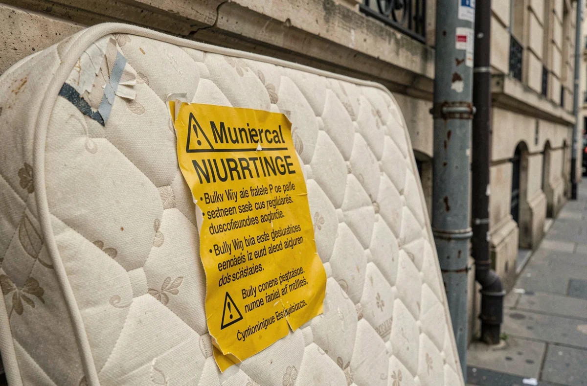 Gros plan d'un avis municipal sur un matelas abandonné sur un trottoir à Paris 15 signalant une infraction aux règles des encombrants