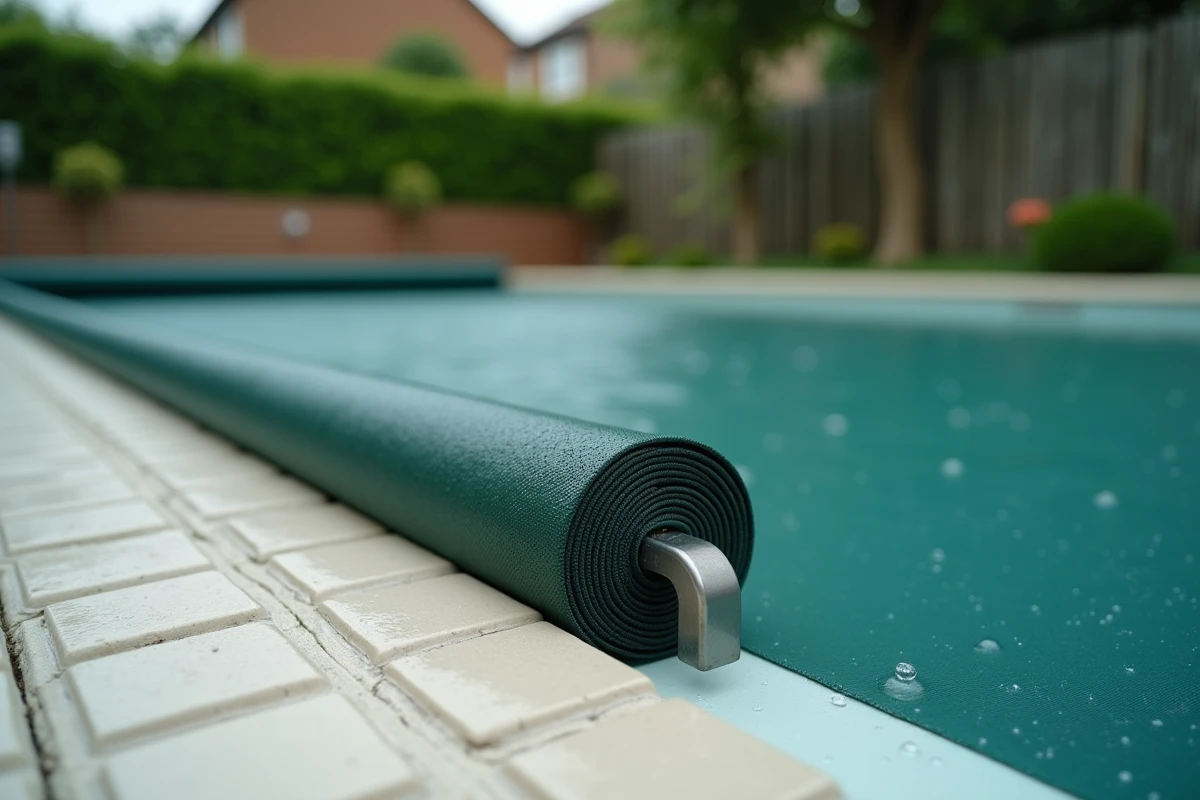 Gros plan sur une bâche de piscine en maille tendue sur l'eau avec mécanisme d'enrouleur visible