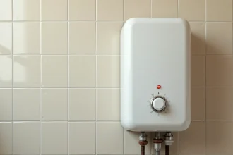 Ballon d'eau chaude électrique blanc fixé au mur d'une salle de bain avec voyant rouge du thermostat visible