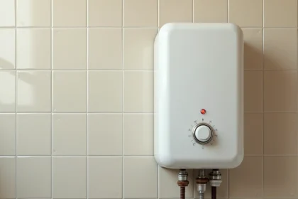 Ballon d'eau chaude électrique blanc fixé au mur d'une salle de bain avec voyant rouge du thermostat visible