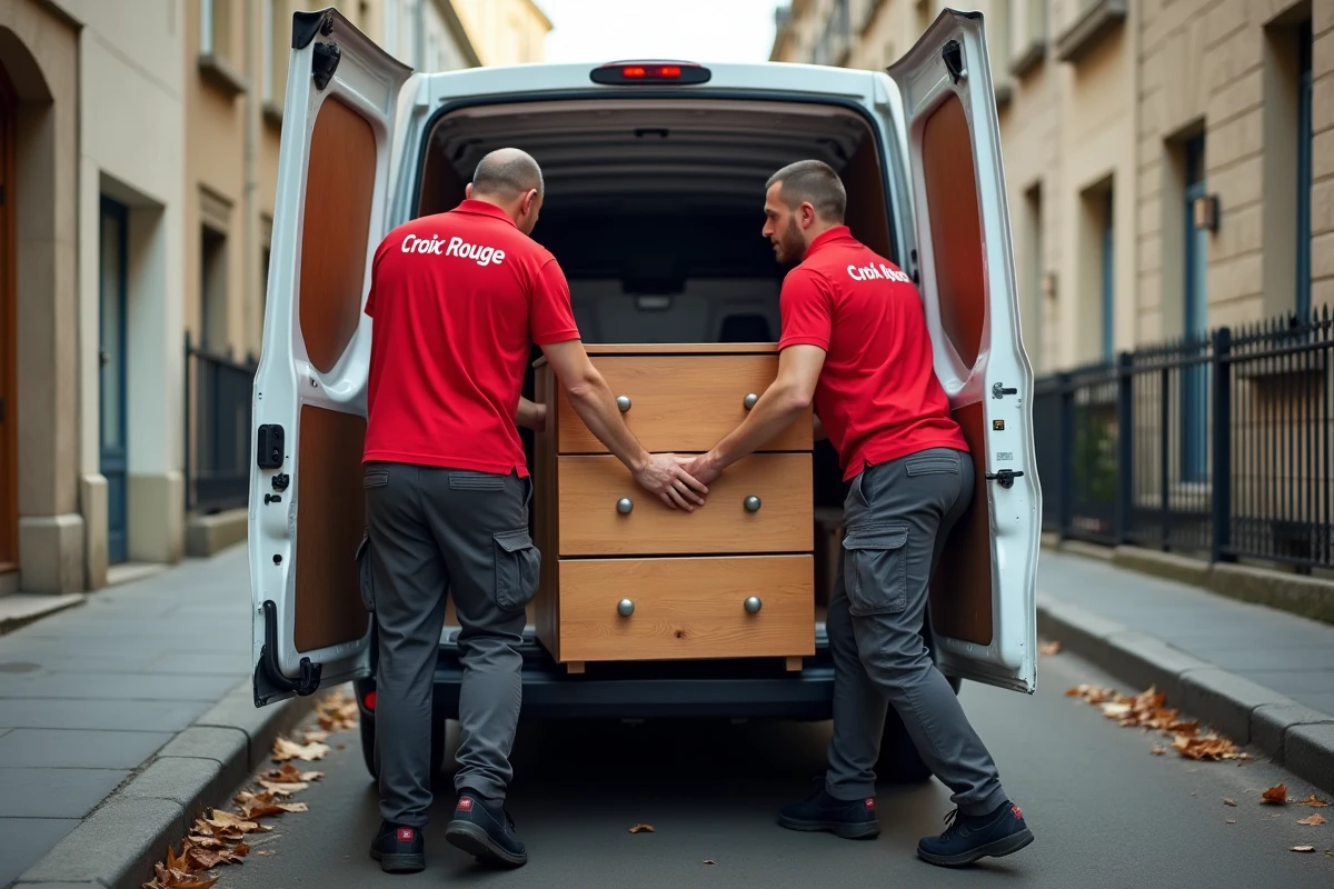 Deux bénévoles de la Croix-Rouge chargeant une commode en bois dans un camion de collecte de meubles