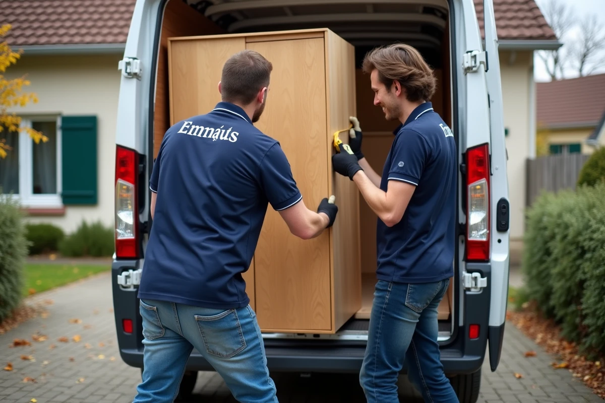 Bénévoles Emmaüs chargeant une armoire dans un camion devant une maison résidentielle
