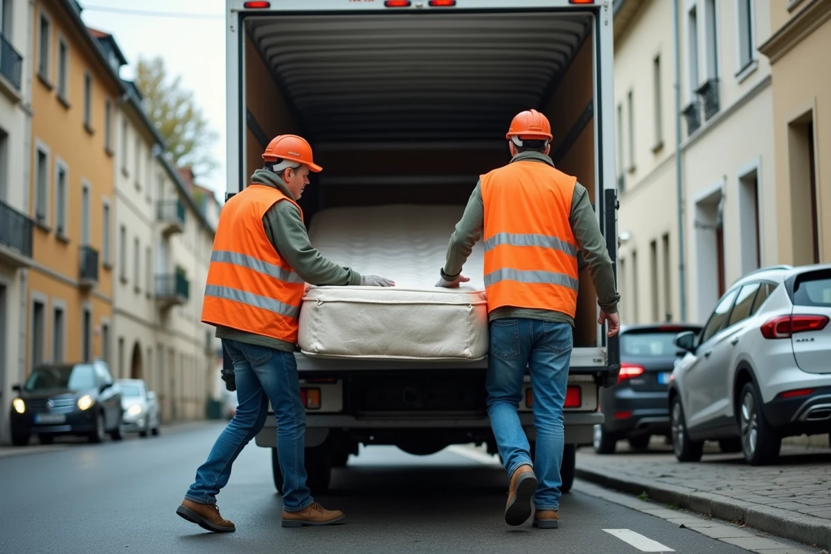 Deux bénévoles Emmaüs chargeant un matelas dans un camion de collecte dans une rue résidentielle française