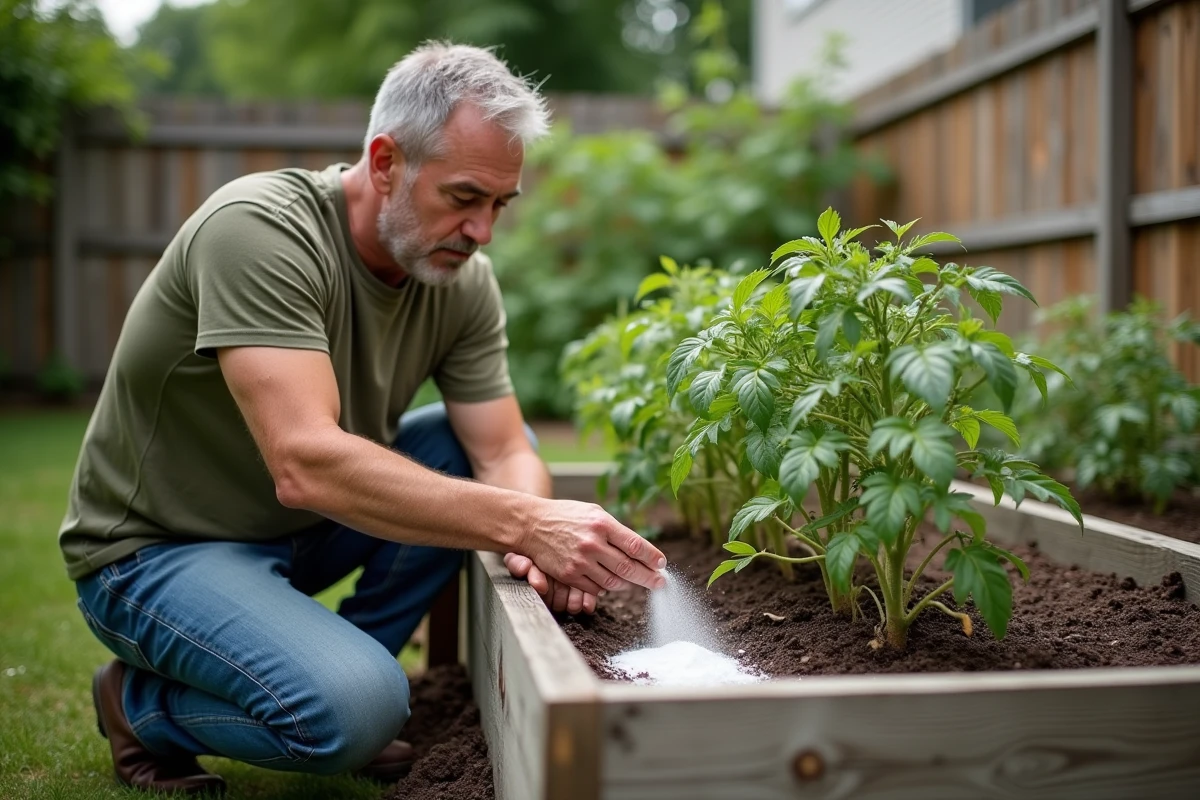 Homme appliquant du bicarbonate de soude dans un carré potager surélevé autour de plants de tomates