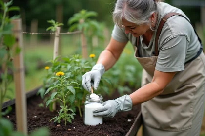 Femme versant du bicarbonate de soude au pied d'un plant de tomates dans un potager