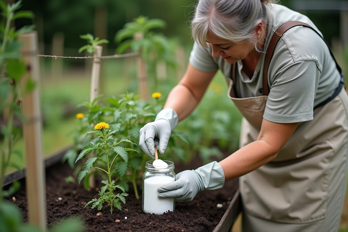 Femme versant du bicarbonate de soude au pied d'un plant de tomates dans un potager