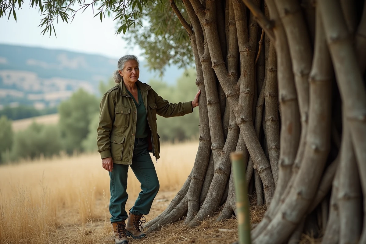 Femme garde forestière appuyée contre le tronc d'un vieux olivier dans un paysage méditerranéen avec bambous