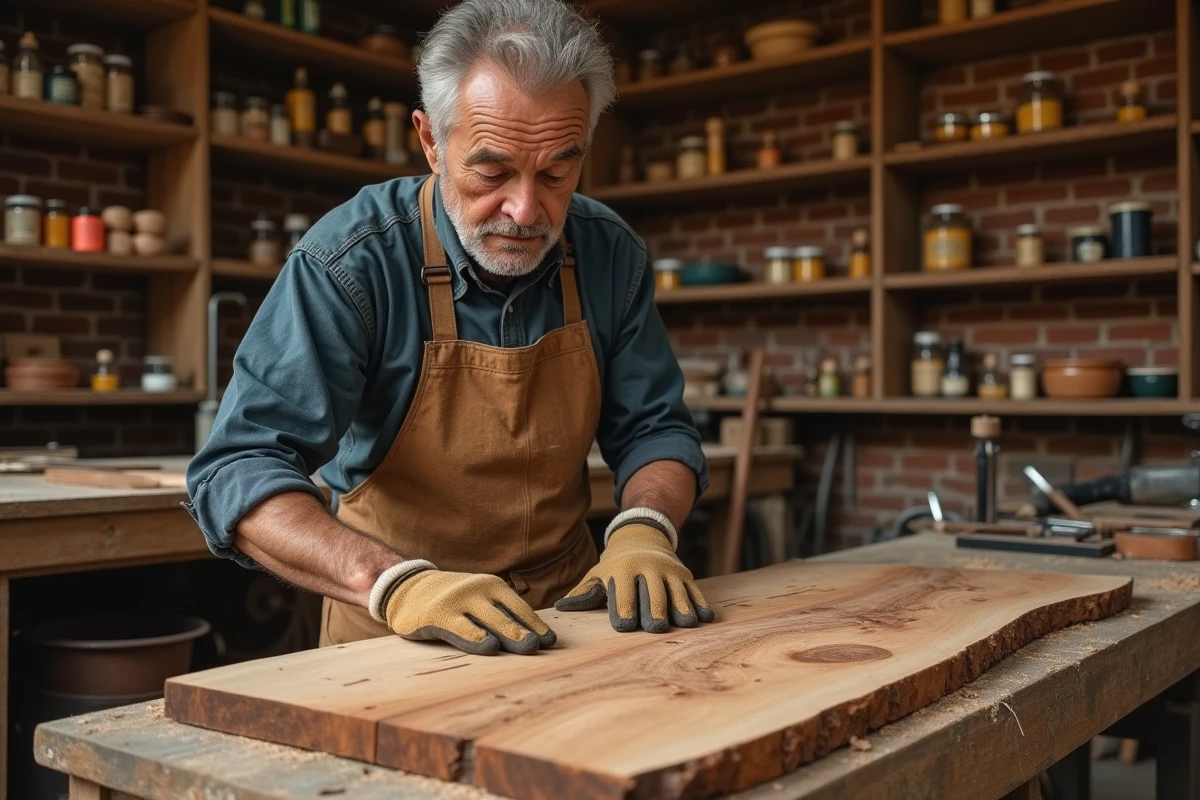 Artisan menuisier examinant une coupe transversale de bois de teck imputrescible dans un atelier rustique