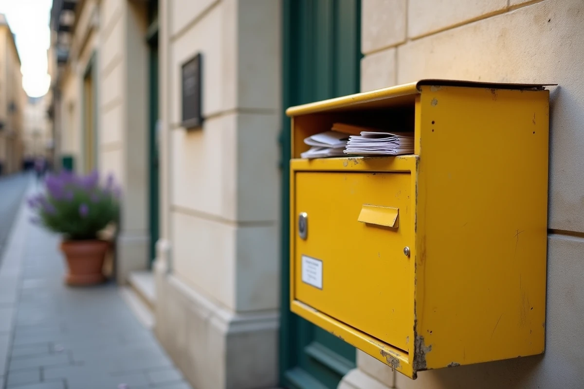 Boîte aux lettres jaune extérieure d'un immeuble résidentiel avec enveloppes en attente