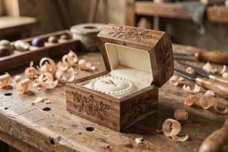 Boîte à bijoux en bois gravé artisanale fabriquée en France, posée sur un établi de menuisier avec outils et copeaux de bois