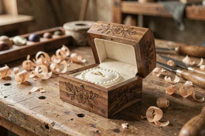 Boîte à bijoux en bois gravé artisanale fabriquée en France, posée sur un établi de menuisier avec outils et copeaux de bois