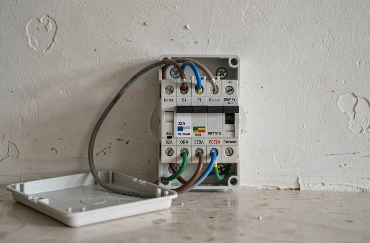 Gros plan sur un boîtier de connexion 32A avec les 4 fils colorés d'un circuit dédié pour plaque induction, montage conforme aux normes électriques