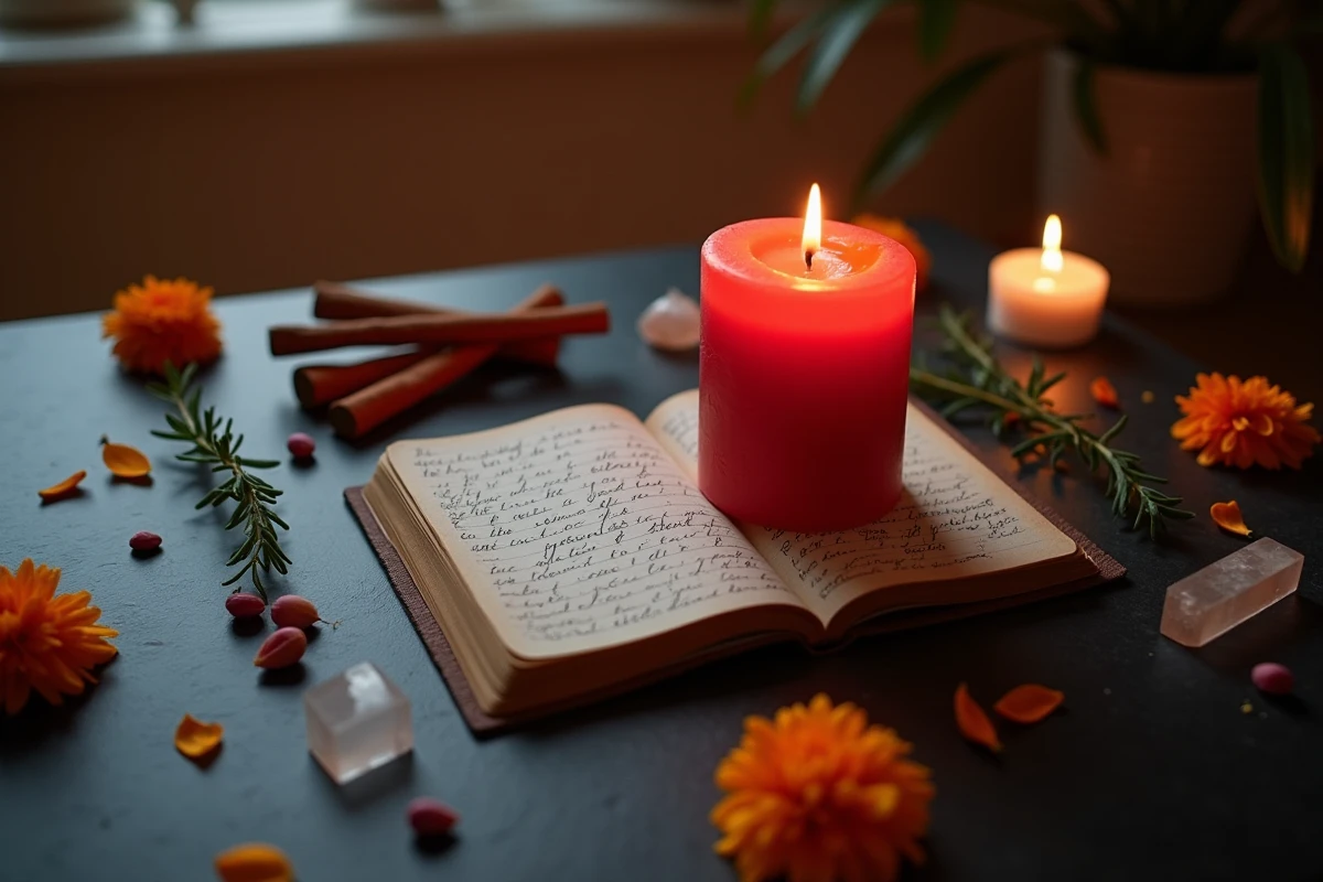 Bougie rouge avec cristal de quartz, journal de manifestation, cannelle et pétales de fleurs sur une surface en ardoise sombre