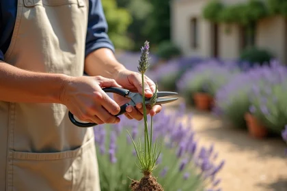 Mains de jardinière prenant une bouture de lavande dans un jardin provençal en été