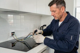 Électricien professionnel raccordant les 4 fils d'une plaque induction 32A sur le bloc de connexion, dans une cuisine moderne en blanc