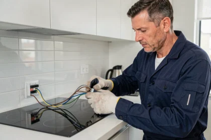Électricien professionnel raccordant les 4 fils d'une plaque induction 32A sur le bloc de connexion, dans une cuisine moderne en blanc