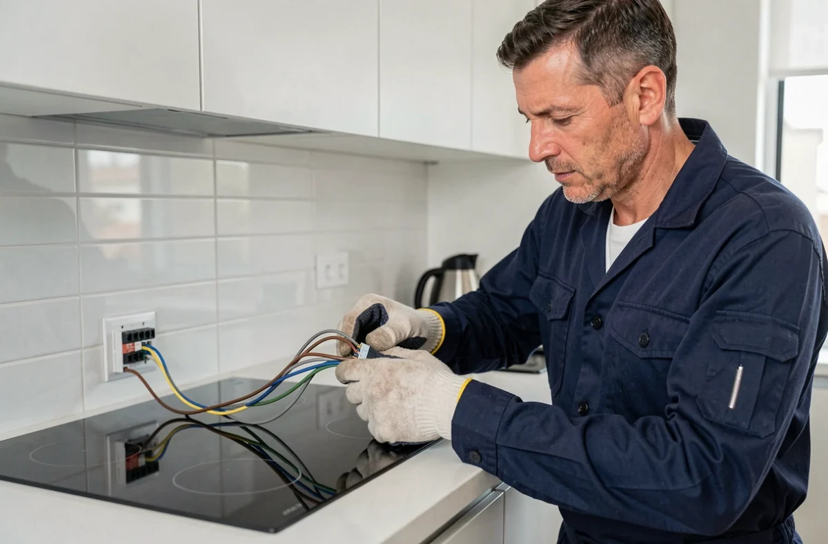 Électricien professionnel raccordant les 4 fils d'une plaque induction 32A sur le bloc de connexion, dans une cuisine moderne en blanc