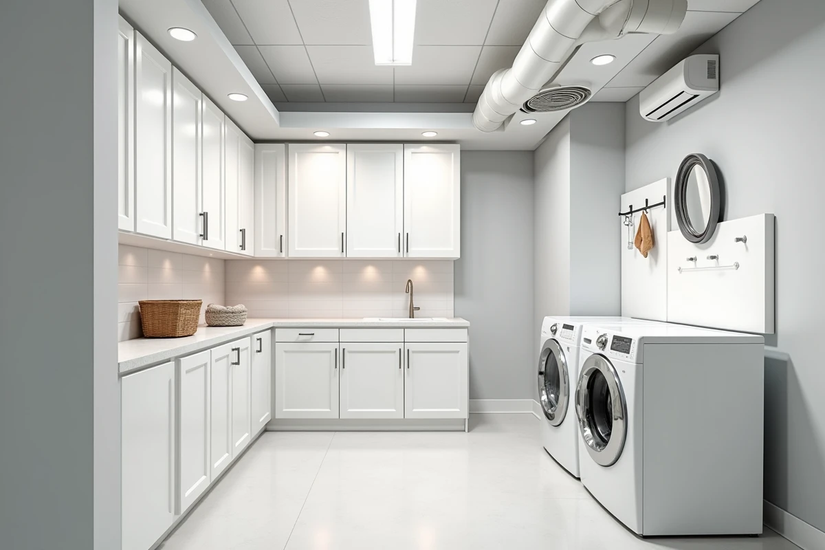 Buanderie en sous-sol rénovée avec carreaux de plafond blancs brillants et rangements blancs pour un espace plus clair