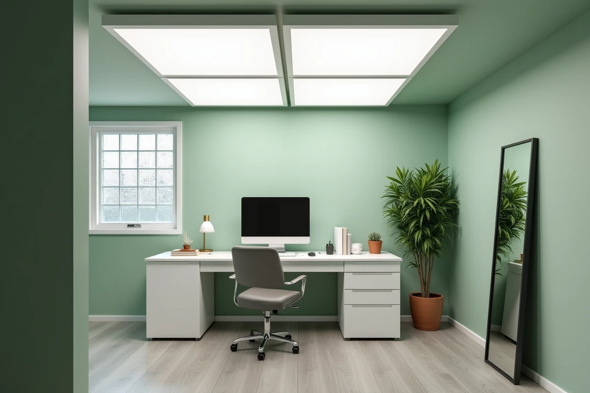 Bureau en sous-sol avec dalle LED au plafond, murs vert sauge et miroir pour agrandir visuellement la pièce