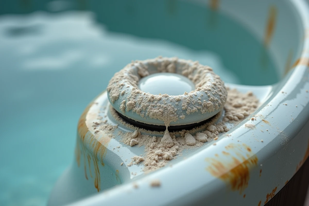 Gros plan sur une buse de spa incrustée de calcaire et de biofilm causés par une eau laissée trop longtemps