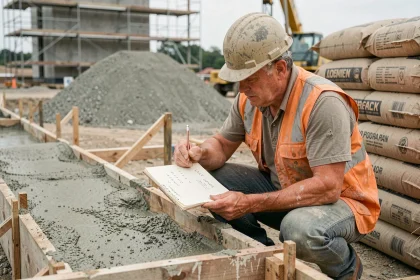 Ouvrier calculant le volume en mètres cubes de béton sur un chantier de construction