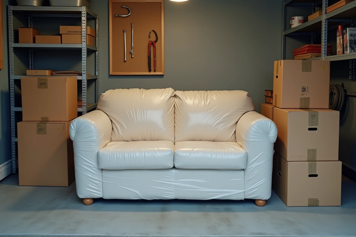 Canapé emballé et protégé rangé dans un garage bien organisé